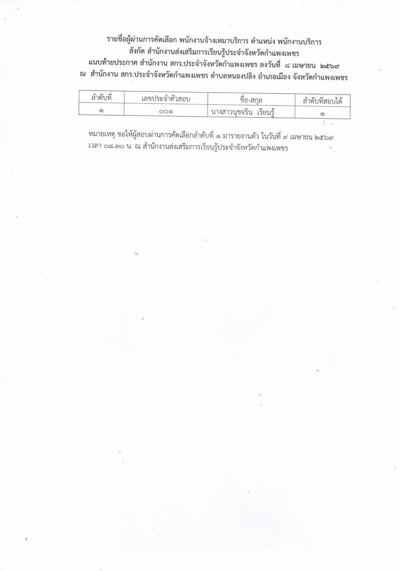 2. ประกาศผลการสอบคัดเลือกโดยวิธีสัมภาษณ์ เป็นพนักงานจ้างเหมาบริการ ตำแหน่งพนักงานบริการ 